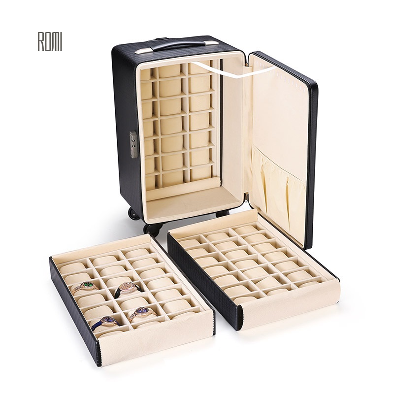 Large black travel handle leather jewelry box watch jewellery organizer case